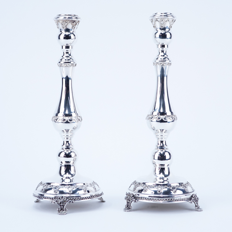 Pair of Silver Shabbat Candlesticks. Unsigned.