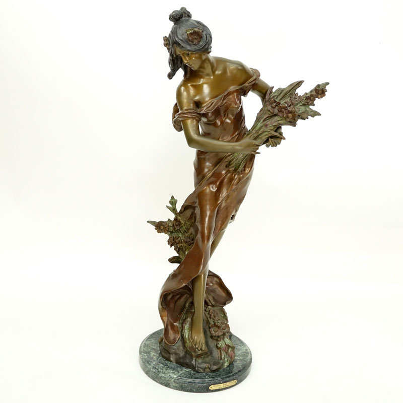 After: Auguste Moreau, French (1834 - 1917) Patinated Bronze Sculpture on Marble Base "Spring: Woman with 