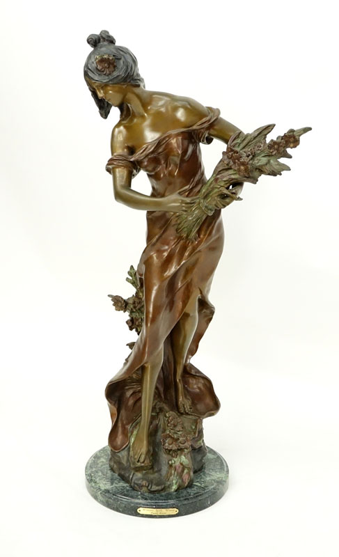 After: Auguste Moreau, French (1834 - 1917) Patinated Bronze Sculpture on Marble Base "Spring: Woman with 