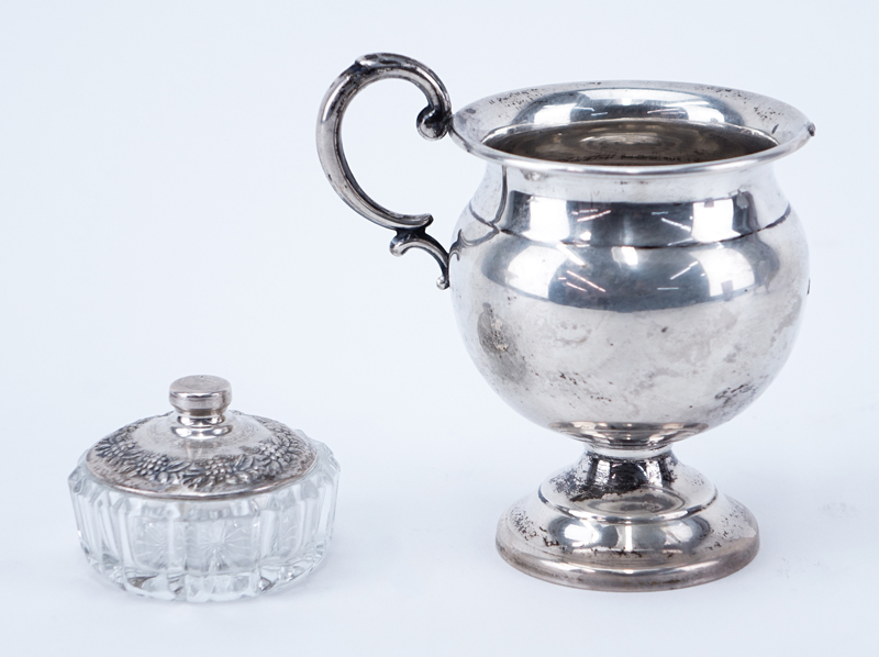 Group of Five (5): Israeli Sterling Miniature Tea Pot, Israeli 800 Silver Footed Dish, Weighted Sterling Compote, Sterling Footed Bowl with Handles (As Is), and Covered Glass Miniature Dish with Silver Cover. 