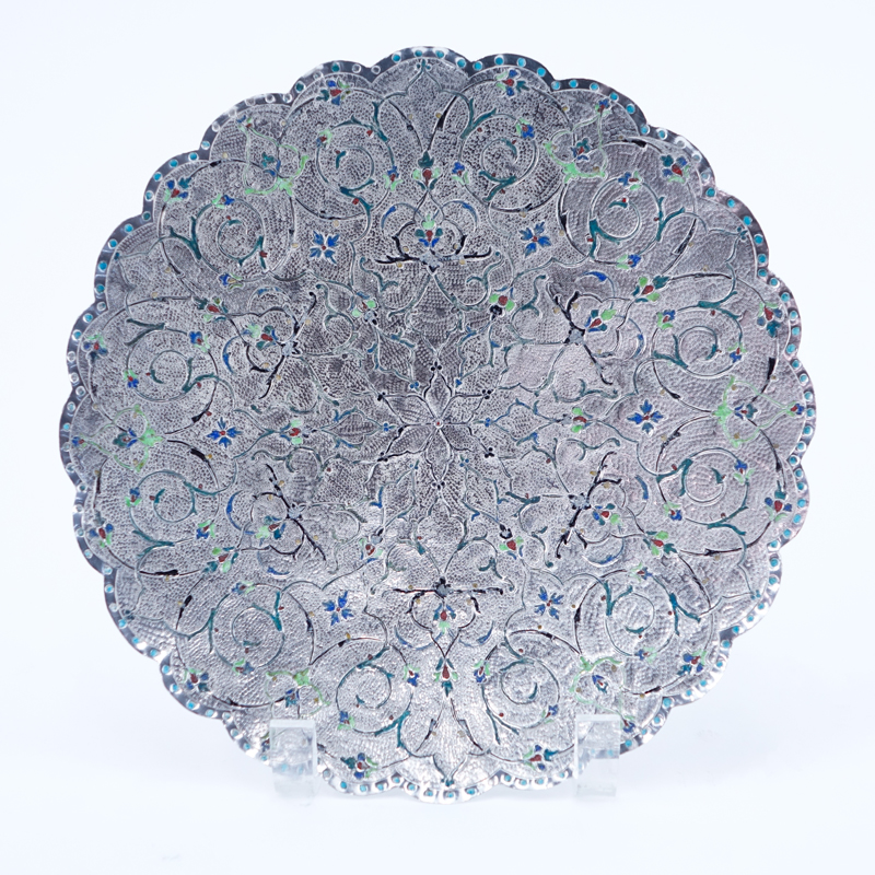 Islamic Silver and Enamel Footed Plate.