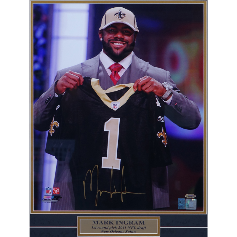 Framed and Hand Signed Mark Ingram NFL Draft Photo. Tristar COA label attached on obverse side.