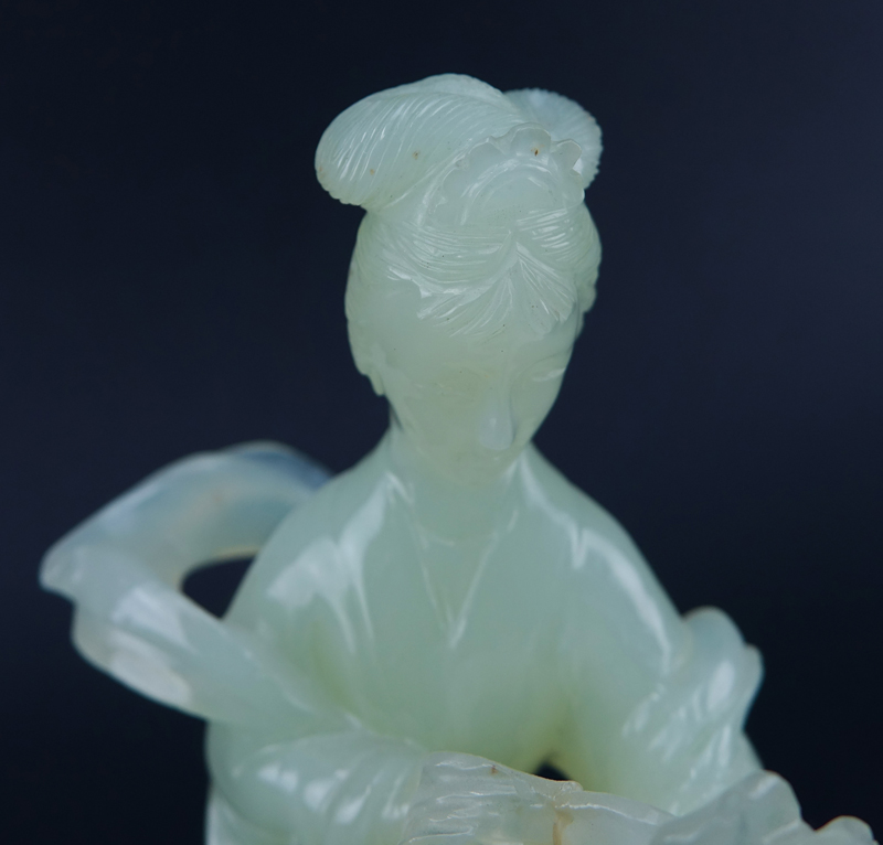 Chinese Serpentine Jade Carved Kwan Yin Figure on Wooden Stand.