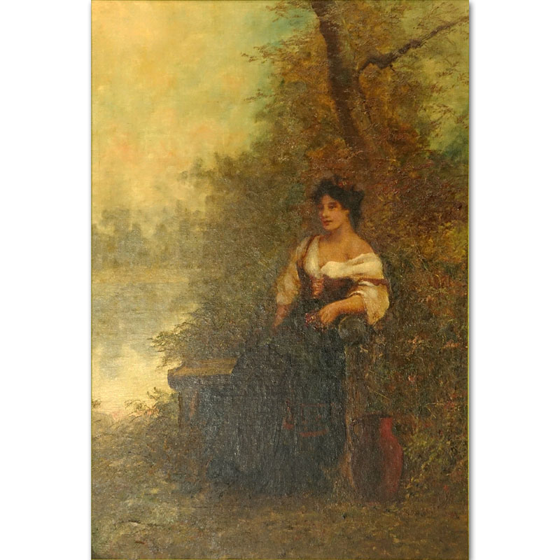 Large Oil on Board, Young Girl Seated in the Woods, Signed Lower Left (illegible). 