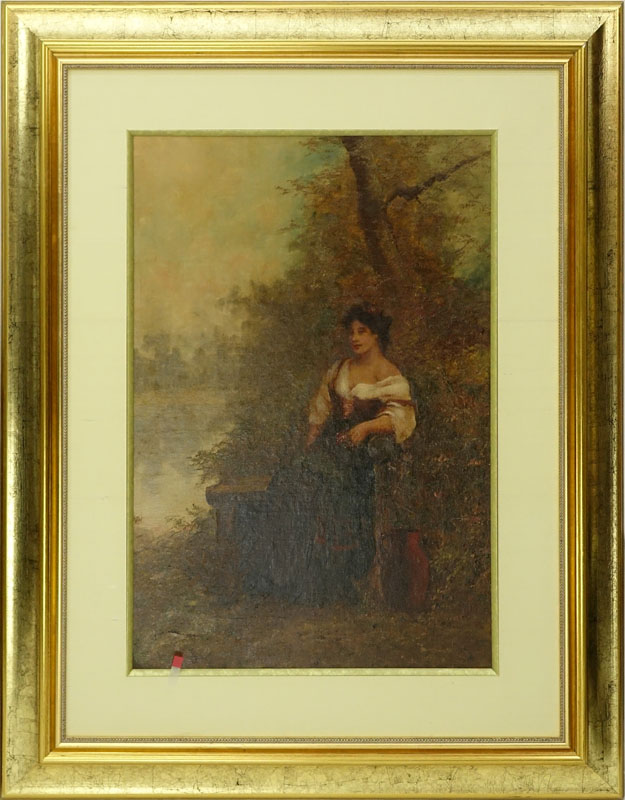 Large Oil on Board, Young Girl Seated in the Woods, Signed Lower Left (illegible). 