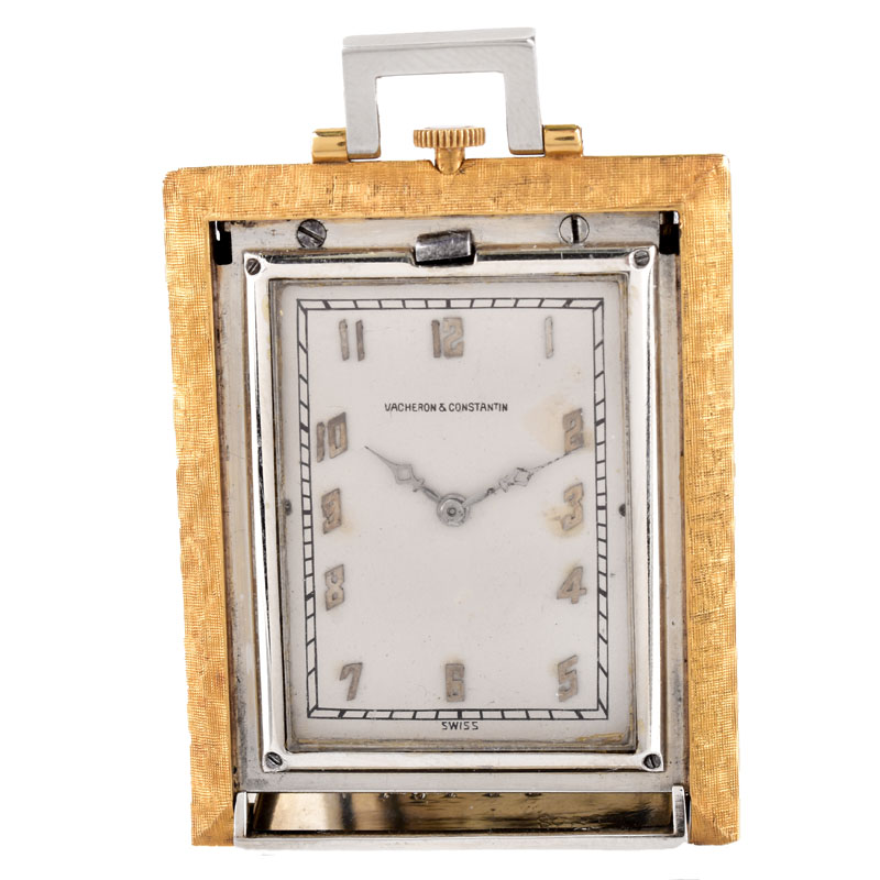 Vintage Art Deco Circa 1911-1935 Vacheron Constantin and Verger Freres, Paris 18 Karat Yellow and White Gold Travel Timepiece with Folding Easel Case. 