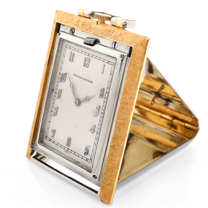 Vintage Art Deco Circa 1911-1935 Vacheron Constantin and Verger Freres, Paris 18 Karat Yellow and White Gold Travel Timepiece with Folding Easel Case. 