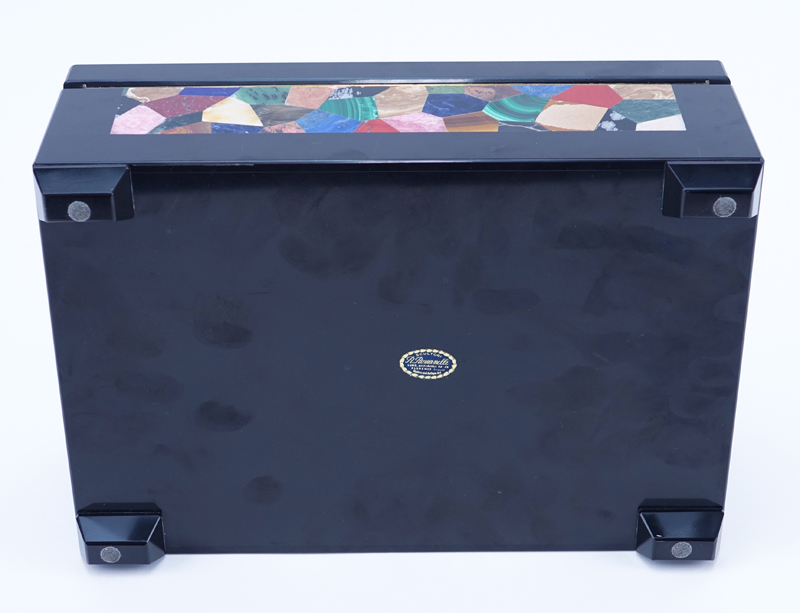 Italian Pietra Dura Inlaid Cigar Box. R Romanelli, Florence Italy label on obverse side. 