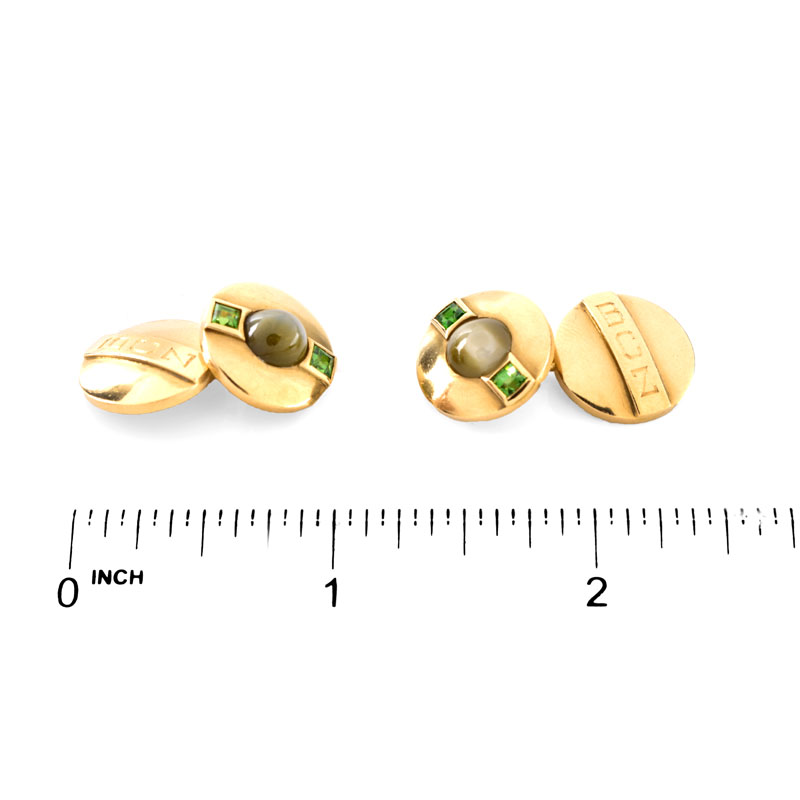 Men's Vintage Bailey Banks and Biddle Cat's Eye Chrysoprase, Emerald and 14 Karat Yellow Gold Cufflinks. 