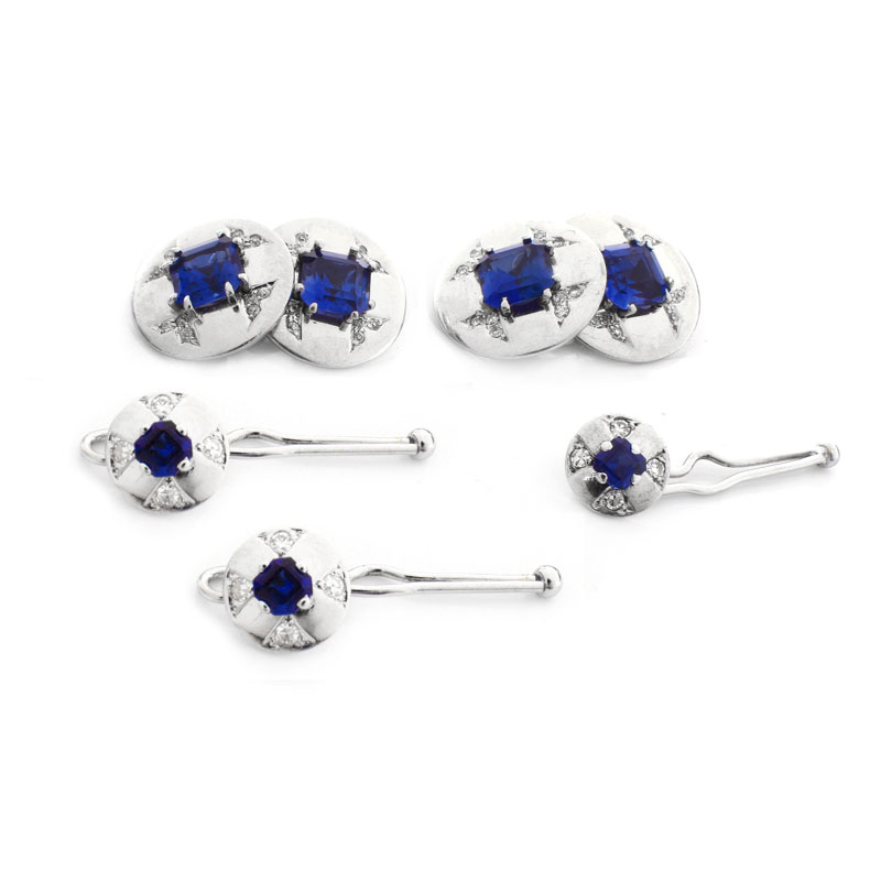 Art Deco Emerald Cut Sapphire, Diamond and Platinum Men's Dress Shirt Set Including Cufflinks and Three Shirt Studs. 