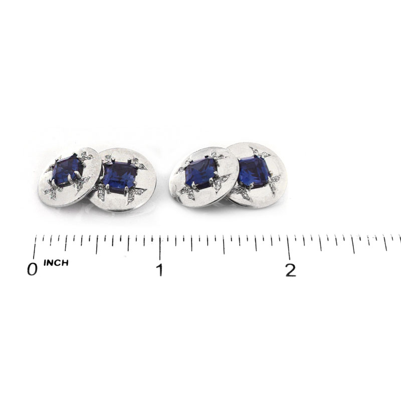 Art Deco Emerald Cut Sapphire, Diamond and Platinum Men's Dress Shirt Set Including Cufflinks and Three Shirt Studs. 