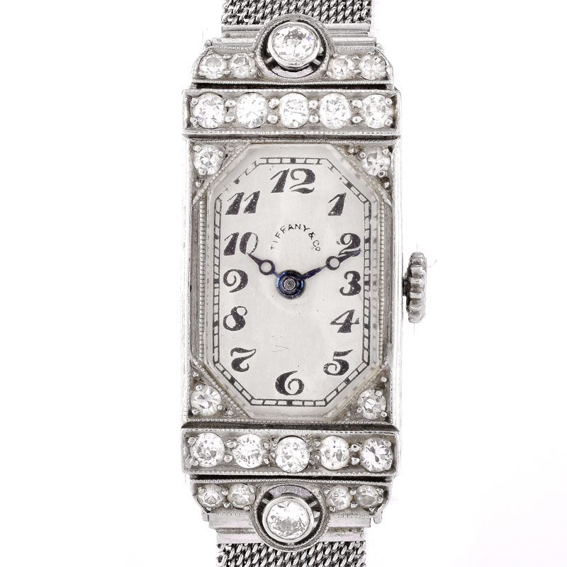 Antique Circa 1910 Tiffany & Co Approx. .85 Carat Diamond and Platinum Lady's Watch with Adjustable Mesh Link Platinum Bracelet. Manual movement.