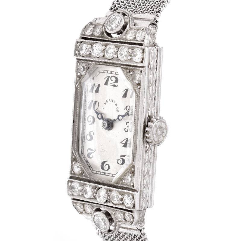 Antique Circa 1910 Tiffany & Co Approx. .85 Carat Diamond and Platinum Lady's Watch with Adjustable Mesh Link Platinum Bracelet. Manual movement.