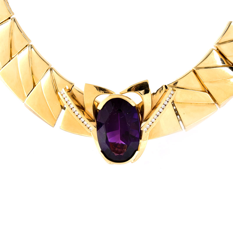 Vintage Heavy 14 Karat Yellow Gold, Large Oval Cut Amethyst and Diamond Collar Necklace. Center link with Amethyst is detachable. 