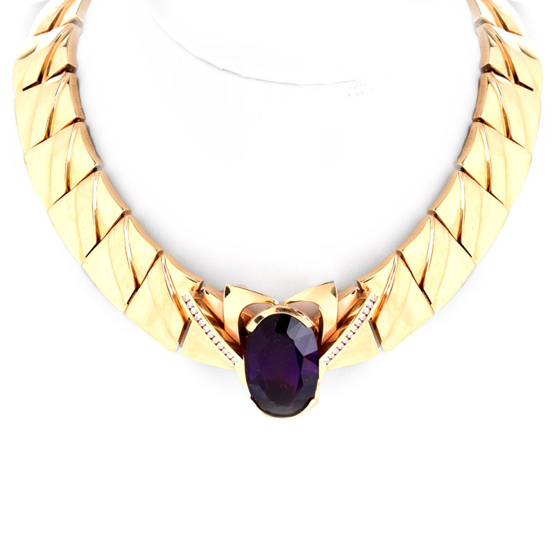 Vintage Heavy 14 Karat Yellow Gold, Large Oval Cut Amethyst and Diamond Collar Necklace. Center link with Amethyst is detachable. 