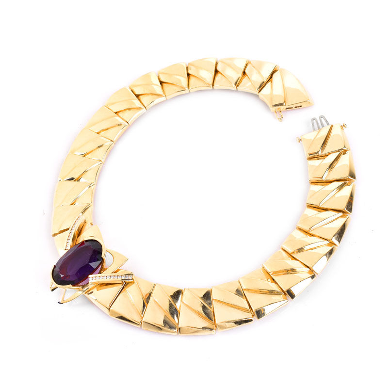 Vintage Heavy 14 Karat Yellow Gold, Large Oval Cut Amethyst and Diamond Collar Necklace. Center link with Amethyst is detachable. 