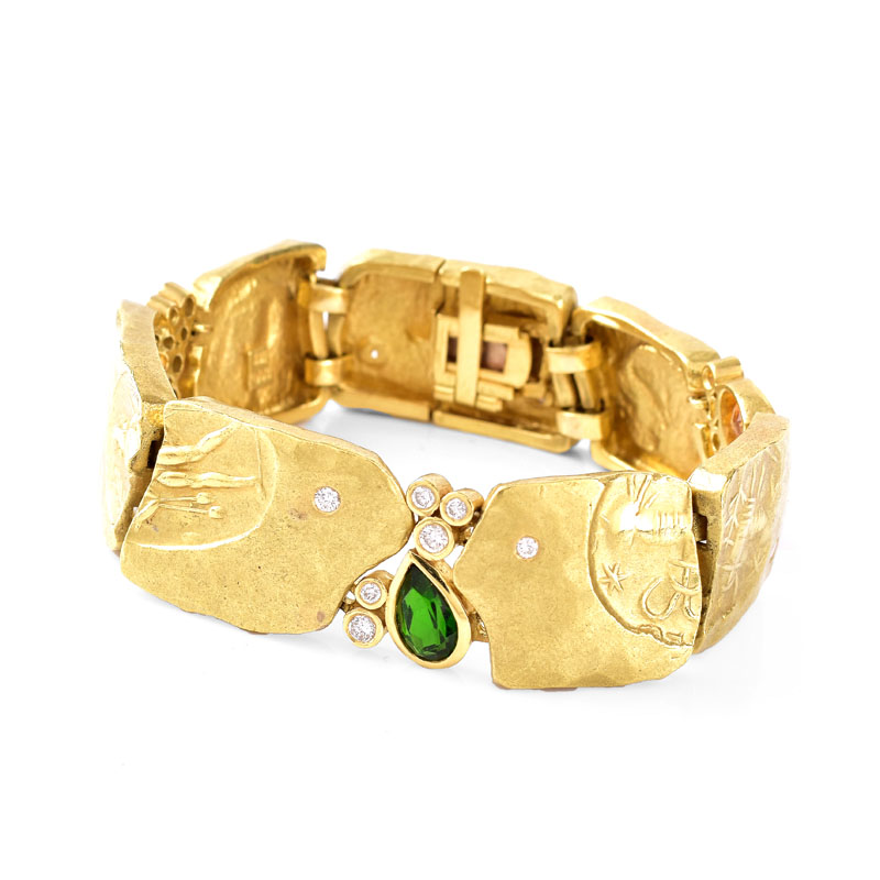 Vintage Seidengang 18 Karat Yellow Gold, Diamond, Tourmaline and Citrine Bracelet. Signed, stamped 18K. 