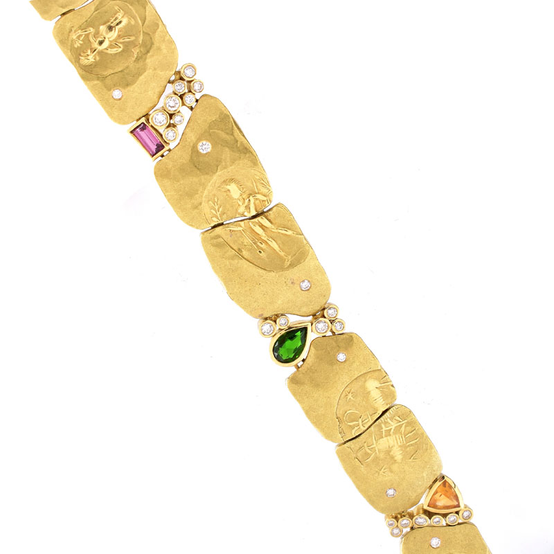 Vintage Seidengang 18 Karat Yellow Gold, Diamond, Tourmaline and Citrine Bracelet. Signed, stamped 18K. 