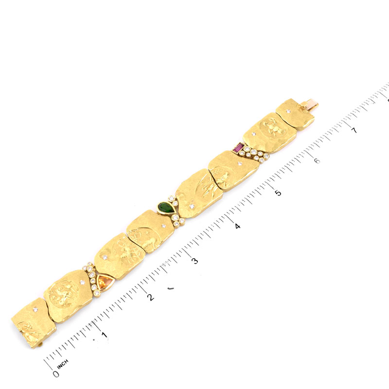 Vintage Seidengang 18 Karat Yellow Gold, Diamond, Tourmaline and Citrine Bracelet. Signed, stamped 18K. 