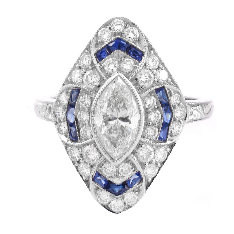 Art Deco style Approx. 1.61 Carat TW Diamond, 1.44 Carat Sapphire and Platinum Ring set in the Center with a 1.02 Carat Marquise Cut Diamond. 