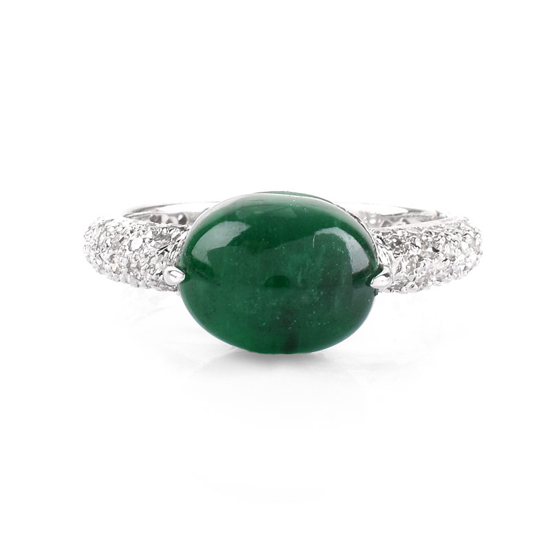 Vintage Approx. 3.34 Carat Oval Cabochon Emerald, .75 Carat Pave Set Diamond and 18 Karat White Gold Ring. 