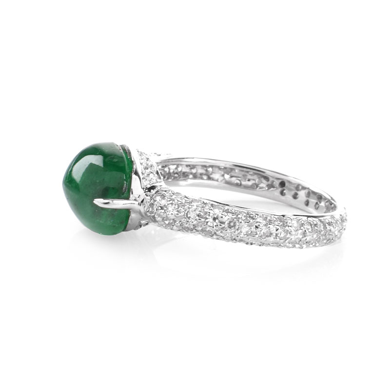 Vintage Approx. 3.34 Carat Oval Cabochon Emerald, .75 Carat Pave Set Diamond and 18 Karat White Gold Ring. 