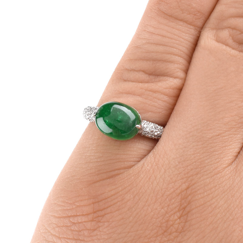 Vintage Approx. 3.34 Carat Oval Cabochon Emerald, .75 Carat Pave Set Diamond and 18 Karat White Gold Ring. 