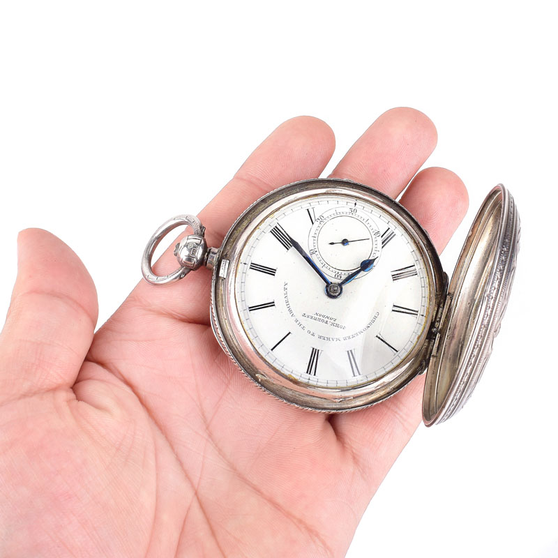 Circa 1901 John Forrest London, Chronometer to the Admiralty, Chased Sterling Silver Pocket Watch with key and suede pouch. 