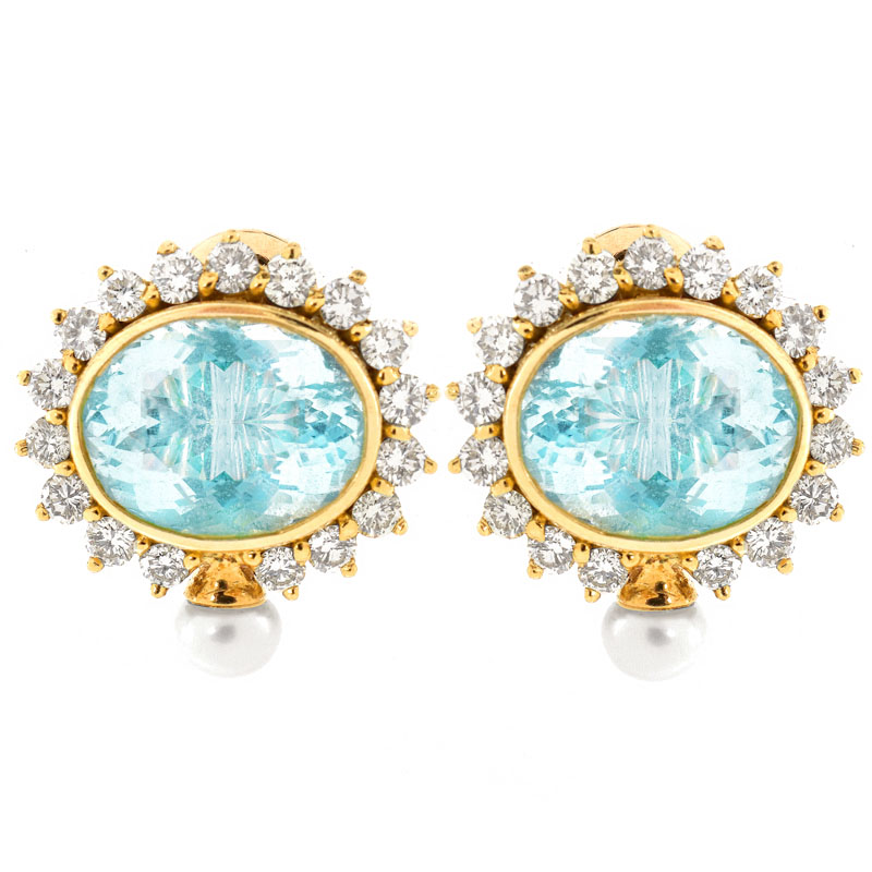 Vintage Approx. 1.70 Carat Round Brilliant Cut Diamond, Oval Cut Aquamarine, Pearl and 18 Karat Yellow Gold Clip Earrings. 