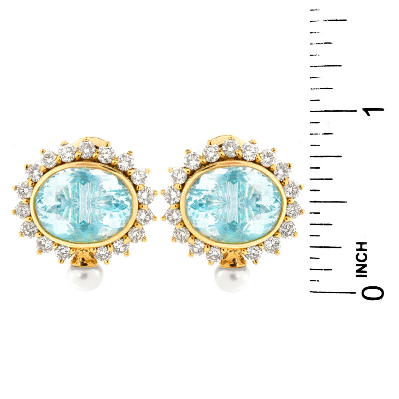 Vintage Approx. 1.70 Carat Round Brilliant Cut Diamond, Oval Cut Aquamarine, Pearl and 18 Karat Yellow Gold Clip Earrings. 