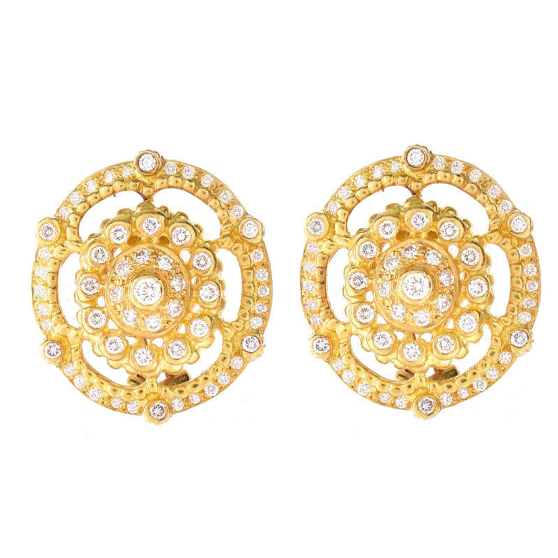 Vintage Doris Panos Approx. 2.0 Carat Pave Set Round Brilliant Cut Diamond and Openwork 18 Karat Yellow Gold Earrings.