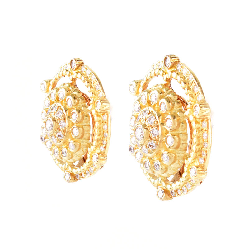 Vintage Doris Panos Approx. 2.0 Carat Pave Set Round Brilliant Cut Diamond and Openwork 18 Karat Yellow Gold Earrings.