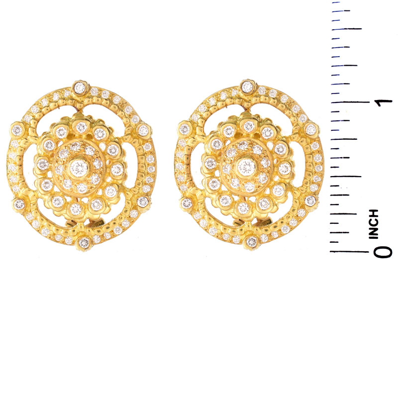 Vintage Doris Panos Approx. 2.0 Carat Pave Set Round Brilliant Cut Diamond and Openwork 18 Karat Yellow Gold Earrings.