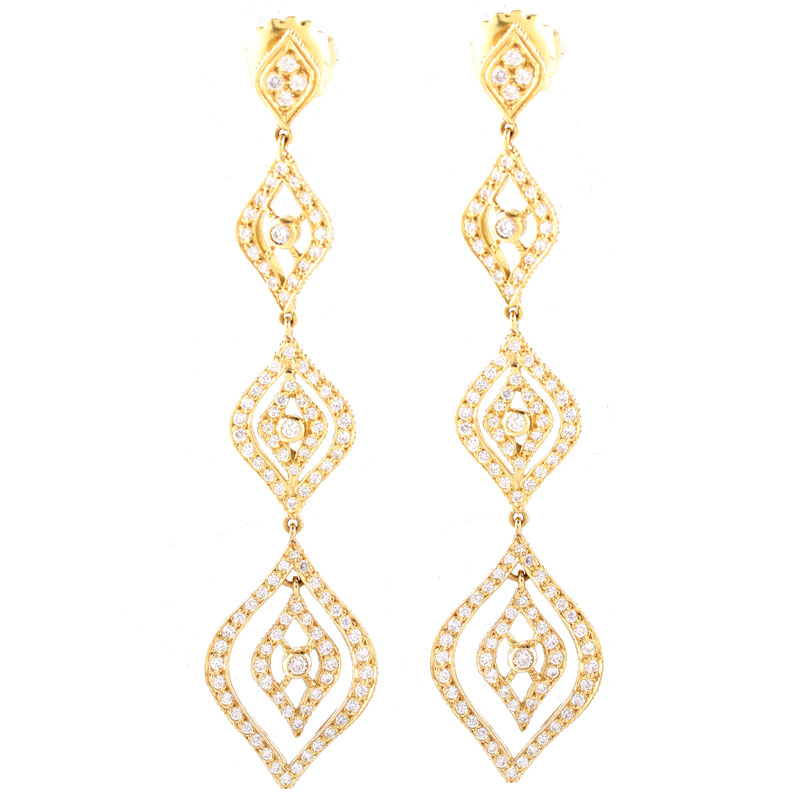 Vintage Doris Panos Approx. 2.32 Carat Pave Set Round Brilliant Cut Diamond and 18 Karat Yellow Gold Pendant Earrings.