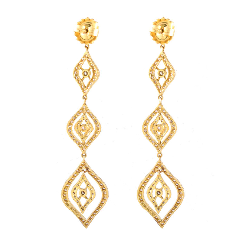 Vintage Doris Panos Approx. 2.32 Carat Pave Set Round Brilliant Cut Diamond and 18 Karat Yellow Gold Pendant Earrings.