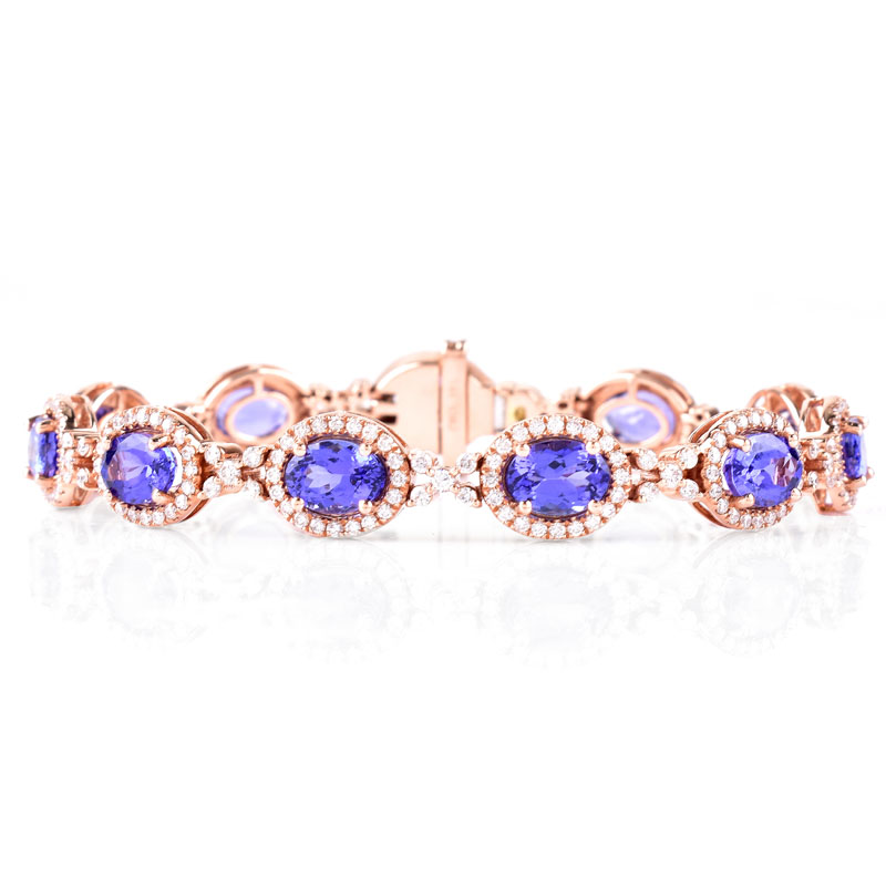 Approx. 13.75 Carat Oval Cut Tanzanite, 4.15 Carat Round Brilliant Cut Diamond and 14 Karat Rose Gold Bracelet. Tanzanites with vivid color. 