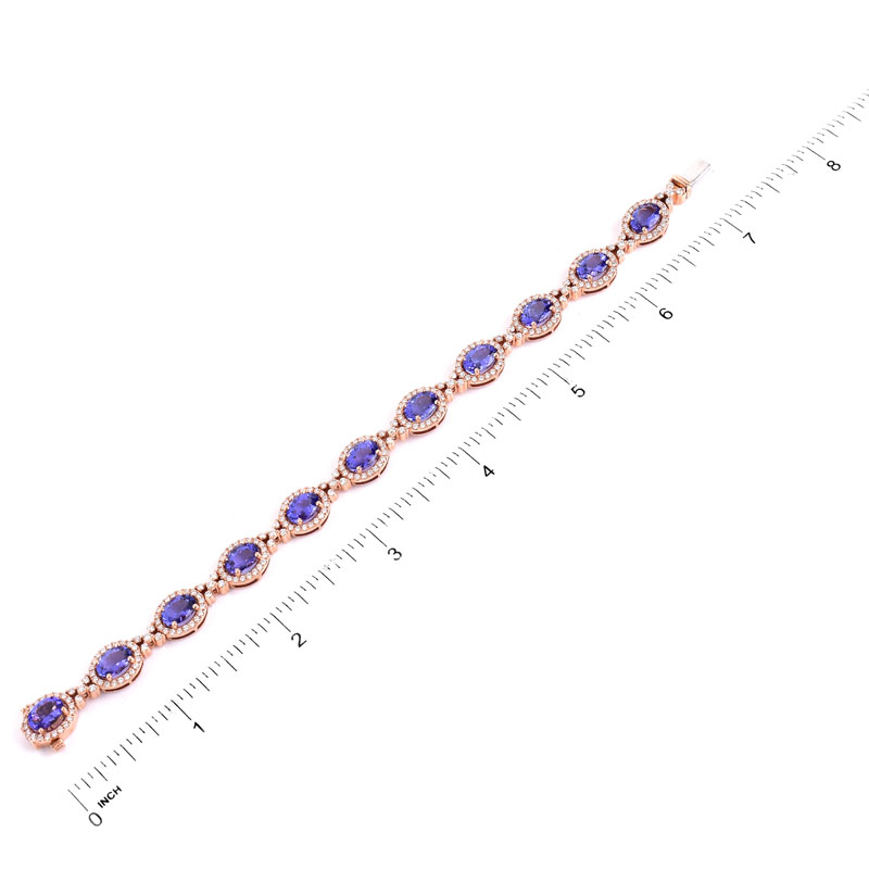 Approx. 13.75 Carat Oval Cut Tanzanite, 4.15 Carat Round Brilliant Cut Diamond and 14 Karat Rose Gold Bracelet. Tanzanites with vivid color. 