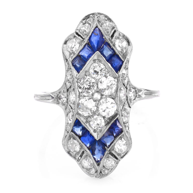 Antique Old European Cut Diamond, Sapphire and Platinum Ring. 