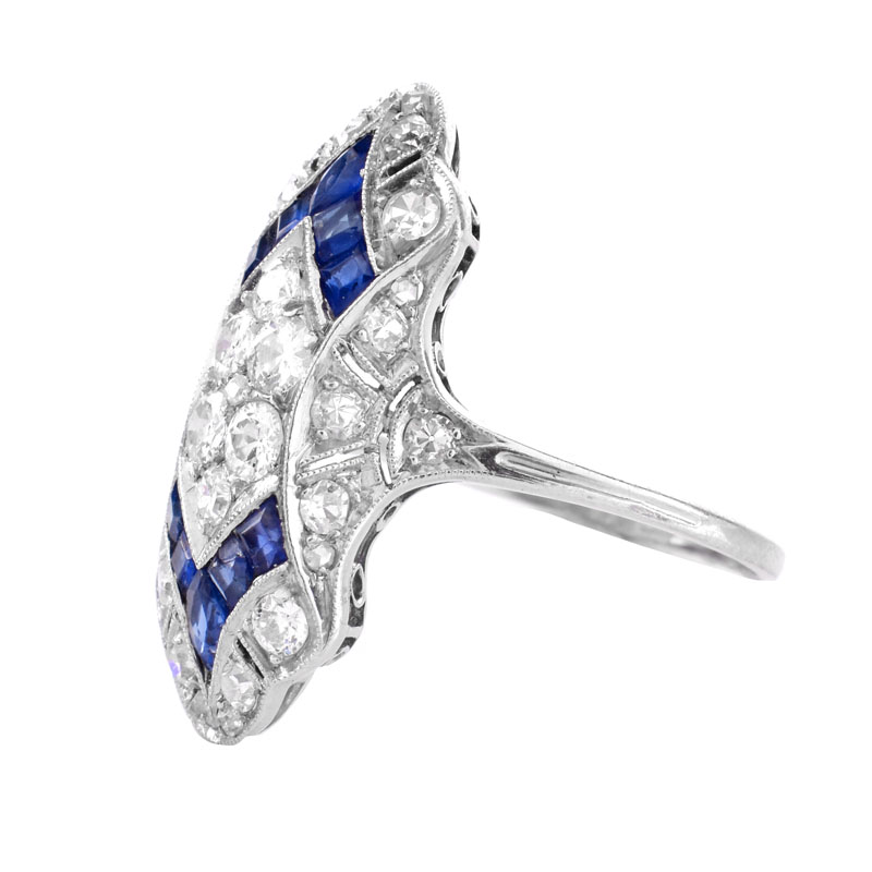 Antique Old European Cut Diamond, Sapphire and Platinum Ring. 