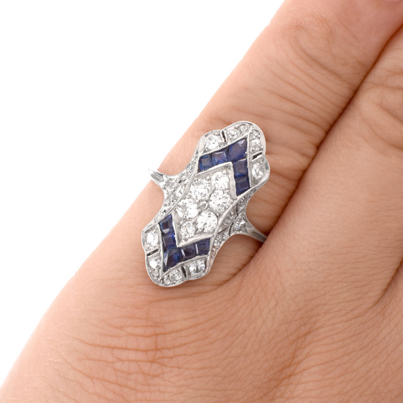 Antique Old European Cut Diamond, Sapphire and Platinum Ring. 