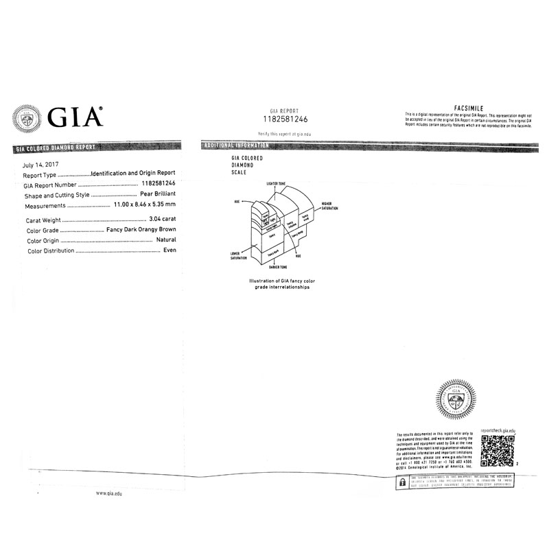 GIA Certified Vintage 4.06 and 3.04 Carat Pear Shape Fancy Dark Orangy Brown Diamond, Tapered Baguette Diamond and Platinum Cross Over Ring. 