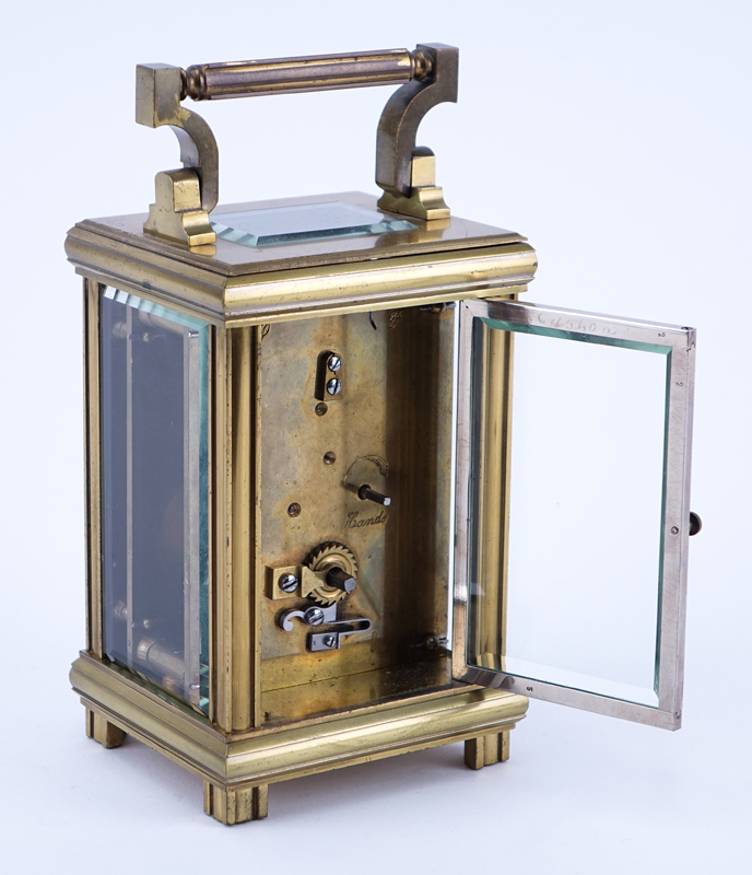 Antique Palmer Bachelder & Co, Boston Gilt Brass Carriage Clock. Maker's mark inscribed to dial, Roman numerals. 