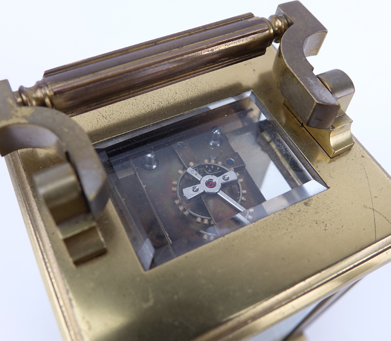 Antique Palmer Bachelder & Co, Boston Gilt Brass Carriage Clock. Maker's mark inscribed to dial, Roman numerals. 