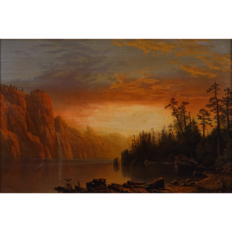 After; Albert Bierstadt, German (1830 - 1902) Chromolithograph on Canvas "Sunset: California Scenery." Boston: L. Prang & Co., 1868. Original L. Prang & Co. S. Catalogue label and Pranc's American Chromos. 