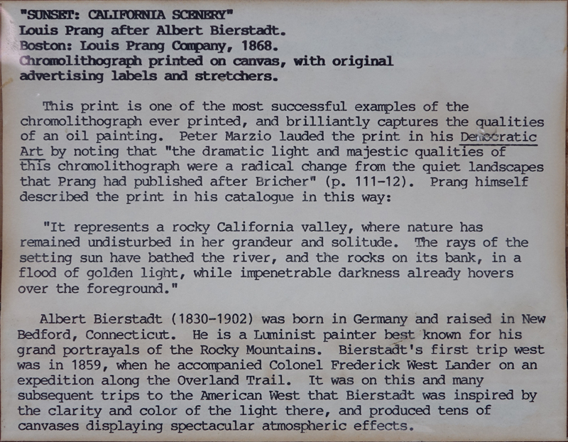 After; Albert Bierstadt, German (1830 - 1902) Chromolithograph on Canvas "Sunset: California Scenery." Boston: L. Prang & Co., 1868. Original L. Prang & Co. S. Catalogue label and Pranc's American Chromos. 