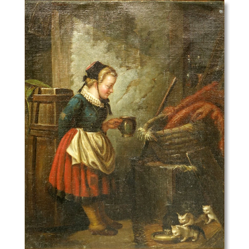 Well Done H. Michael (19/20th C.) European Oil on Canvas, Interior Scene of a Young Girl Feeding Cats, Tag affixed to Frame Inscribed with Artist Name. 