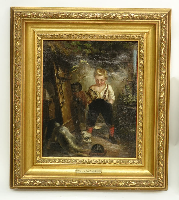 Well Done H. Michael (19/20th C.) European Oil on Canvas, Interior Scene of a Young Boy with Dog, Tag affixed to Frame Inscribed with Artist Name. 