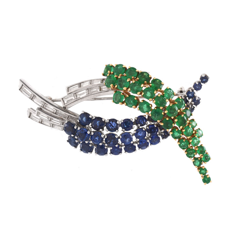 Vintage Round Cut Emerald and Sapphire, Baguette Cut Diamond, Platinum and 18 Karat Yellow Gold Brooch. 