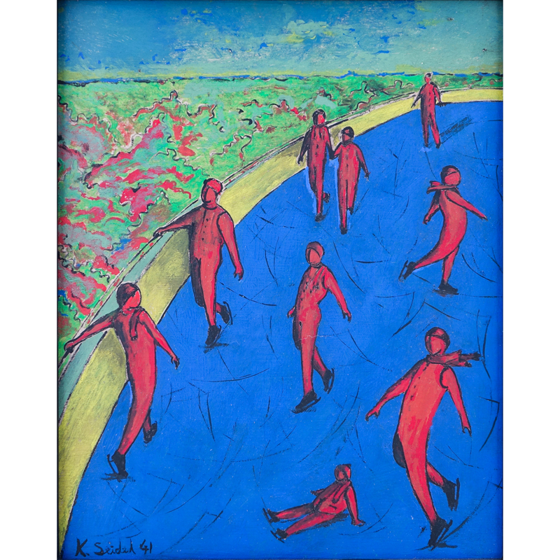 German Expressionist School Oil On Wood Panel "Ice Skaters". Signed and dated K. Seidel '41. Inscribed en verso Kurt Seidel Stuttgart 19__. 