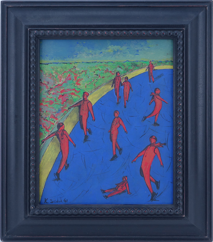 German Expressionist School Oil On Wood Panel "Ice Skaters". Signed and dated K. Seidel '41. Inscribed en verso Kurt Seidel Stuttgart 19__. 